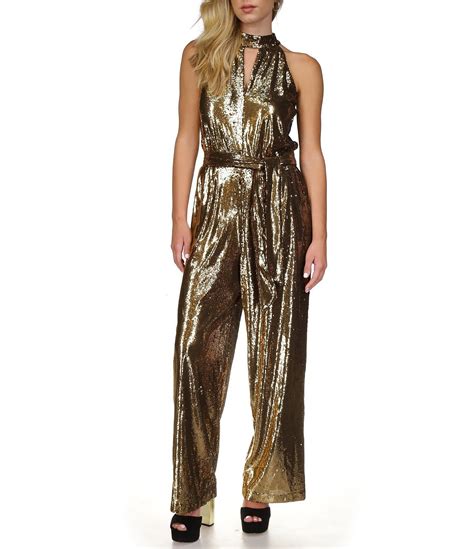 michael kors gold jumpsuit|Michael Kors belted denim jumpsuit.